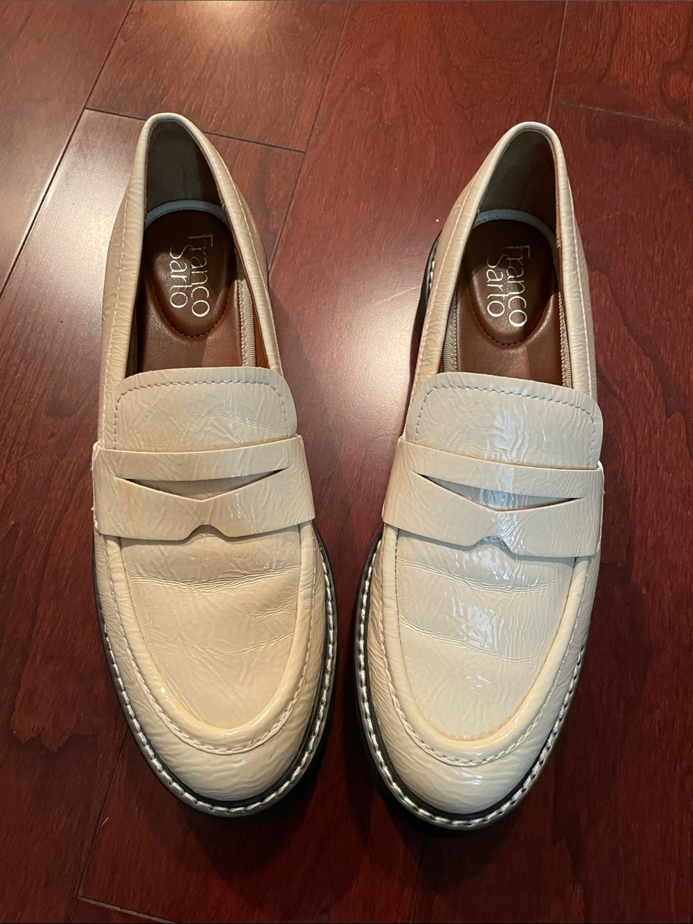 Franco Sarto patent penny loafers, off-white, thick treads/sole, size 7.5, NWOT